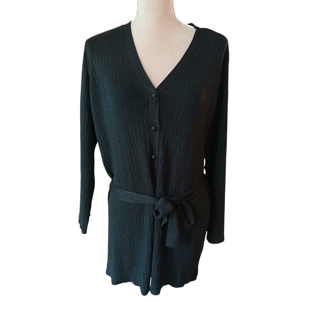Dana Buchman 1x Woman Black Metallic Ribbed Belted Longline Cardigan Sweater